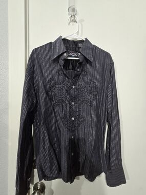 Men's Fender Black Metallic Stripe Button-Up Shirt with Embroidery